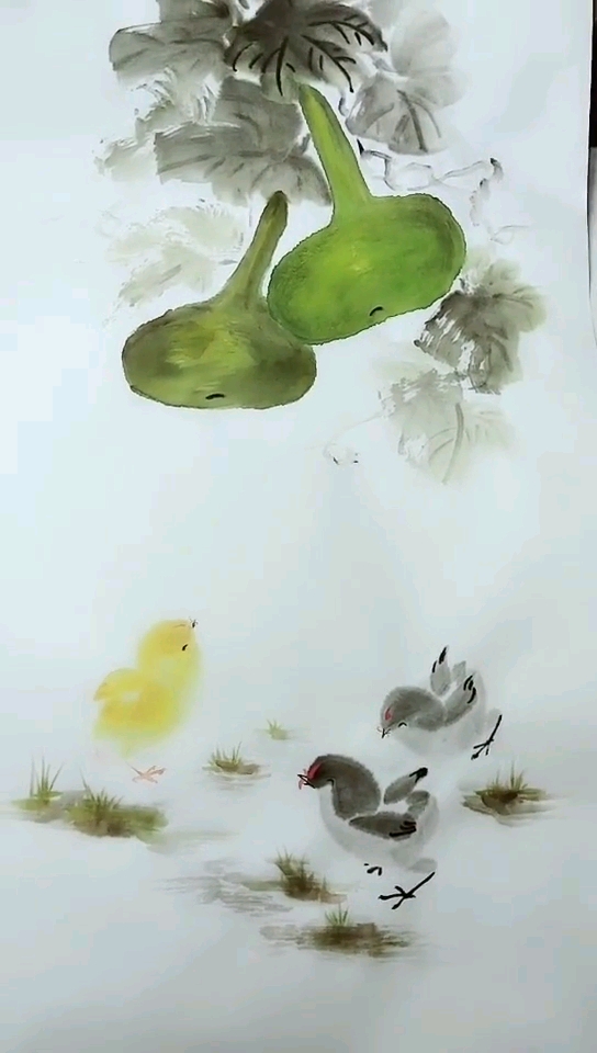 #这是高手#完善之前绿葫芦那幅画,下面配上三只小鸡雏,寓意福禄吉祥!祝大家早安吉祥!