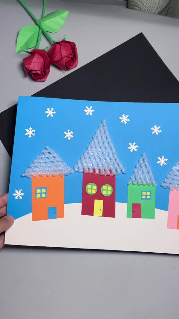 #幼儿园手工#用水果网做一幅冬天的雪景图