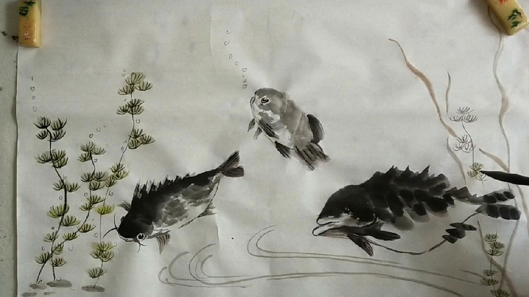 国画:鱼.水草,自由的生活