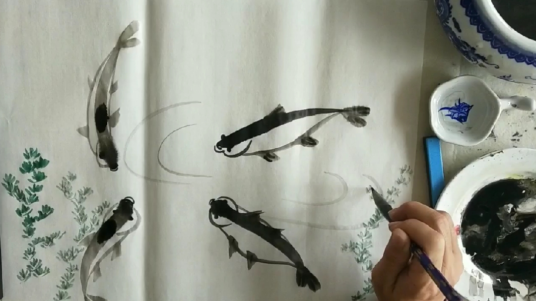 儿童国画入门:4.小鱼、水草的第三种画法