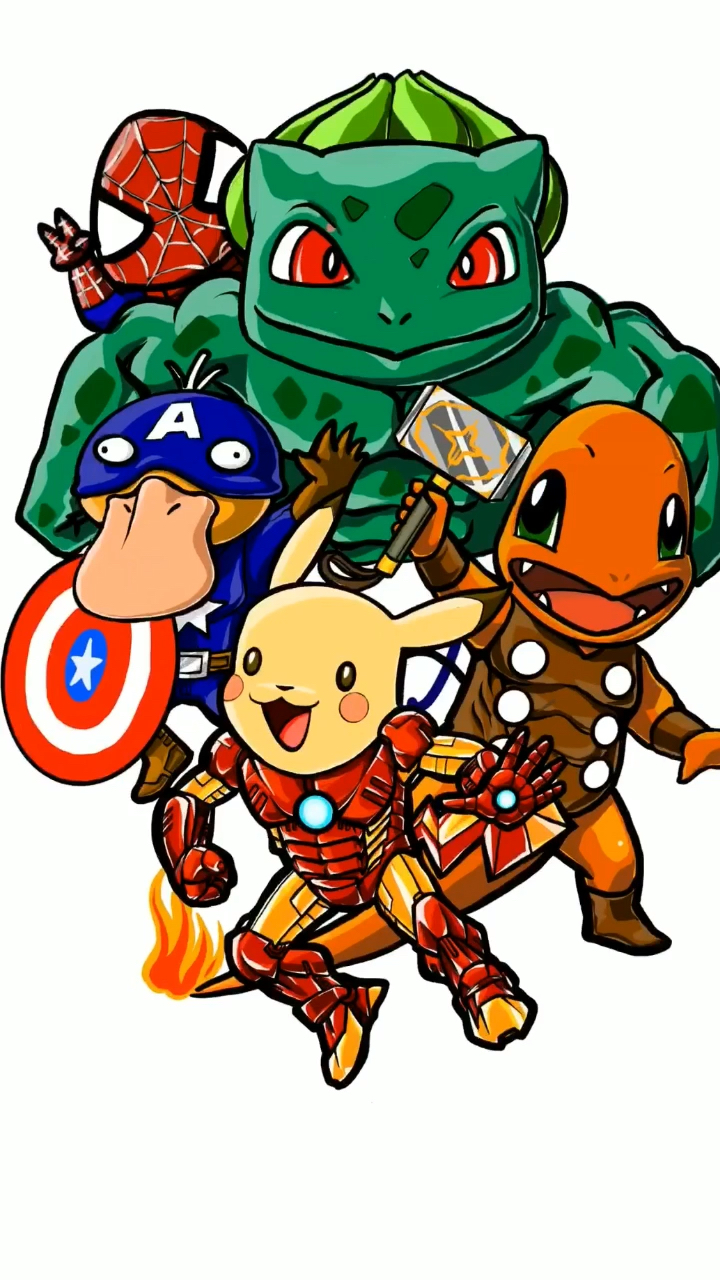 宠物小精灵版复仇者联盟,皮卡丘钢铁侠,可达鸭美国队长,雷神小火龙,绿巨人妙蛙种子