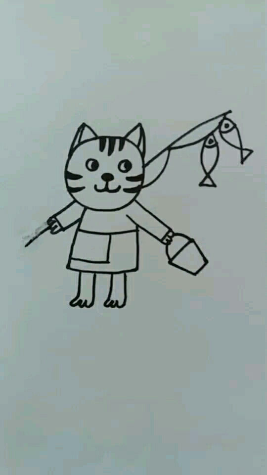 小猫钓鱼简笔画。