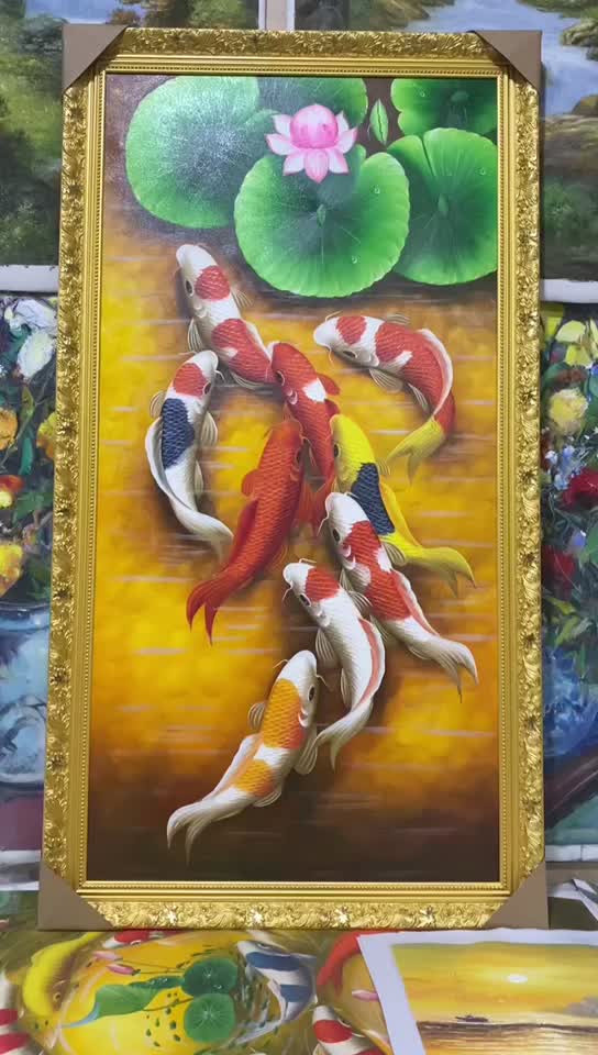 油画手绘绘画九鲤鱼装裱效果玄关挂画