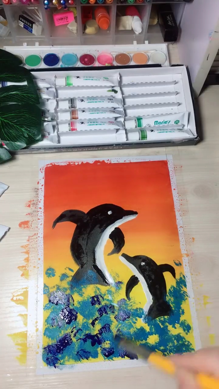 小海豚水粉画,超美渐变色!