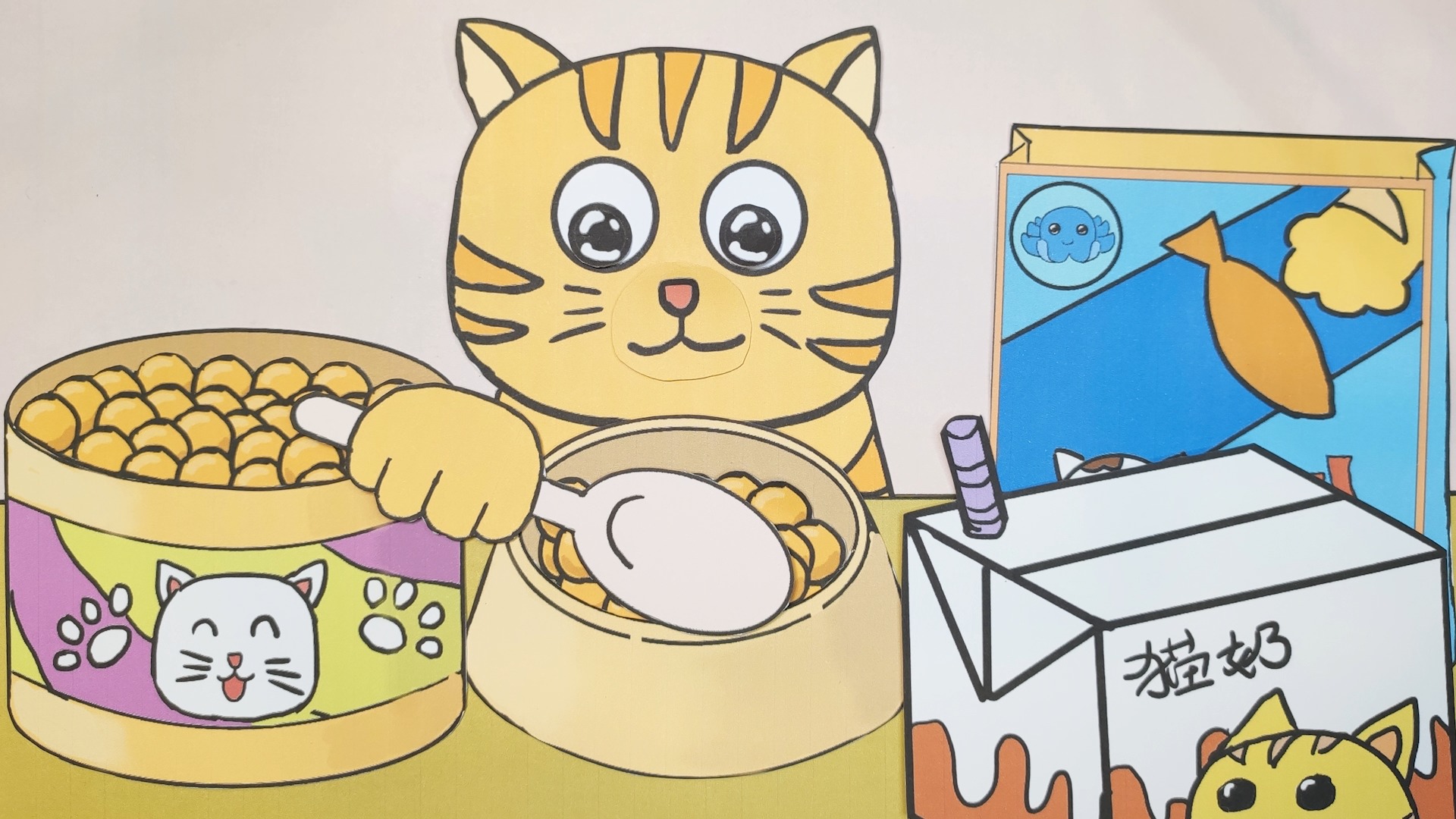 手绘定格动画:小猫吃最爱的小鱼干,好幸福