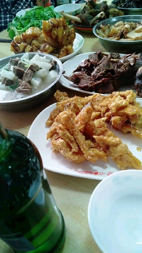 拔丝地瓜香蕉,拔丝白果,熏兔,牛肉炖萝卜,排骨炖豆角,炒黄花菜,炒蒜苔,蒸肉肘子