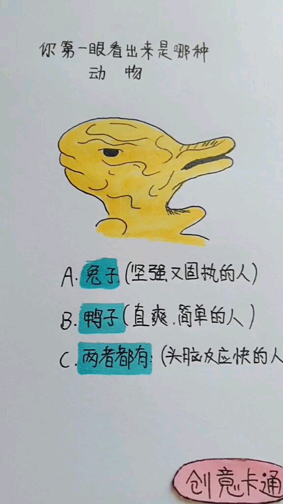 你第一眼看出来是哪种。A兔子(坚强又固执的人)。B.鸭子(直爽简单的人)