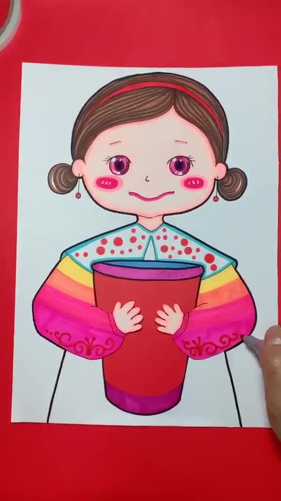 喝奶茶创意绘画儿童画