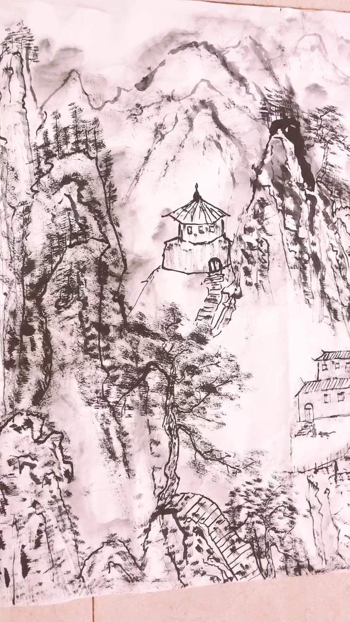 放羊的白头发王笔下的纯水墨祖国山水画～【美】