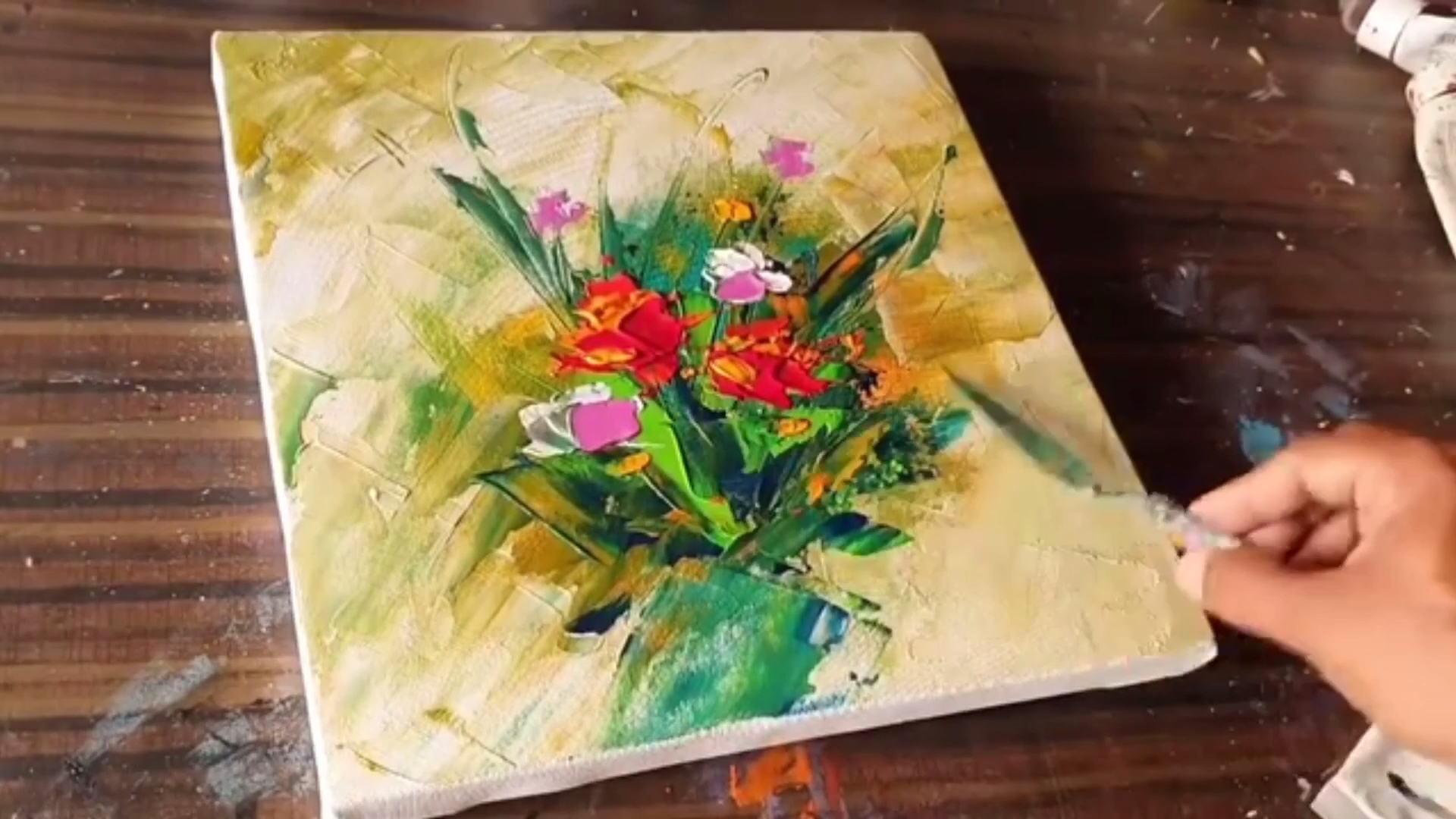 #手绘油画#治愈系油画!国外大师教新手画简单抽象画:小清新花卉~~