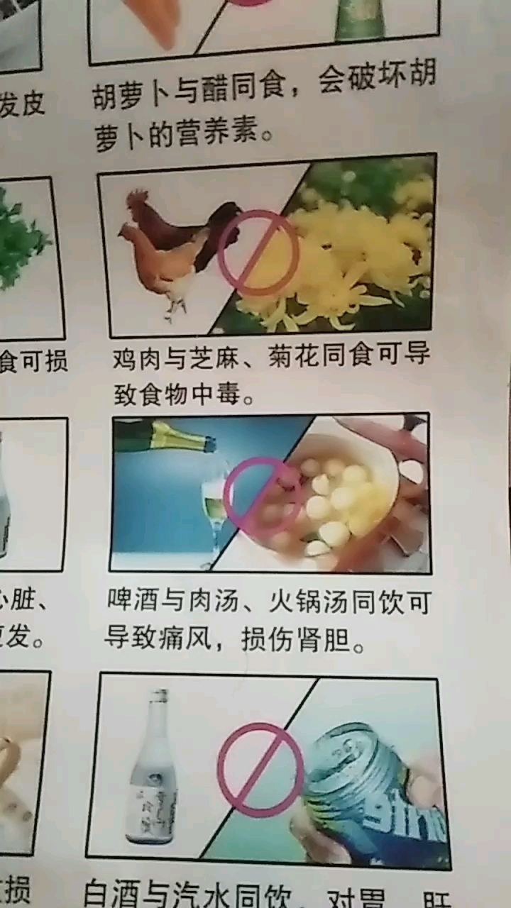 发皮胡萝卜与醋同食,会破坏胡萝卜的营养素。食可损鸡肉与芝麻、菊花同食可导