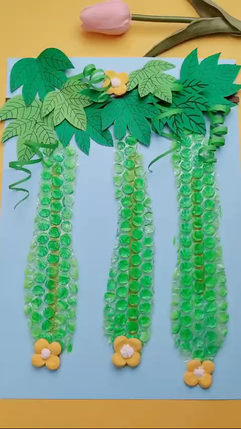 你们要的蔬菜类型的手工贴画来了,用气泡膜做一幅丝瓜手工贴画