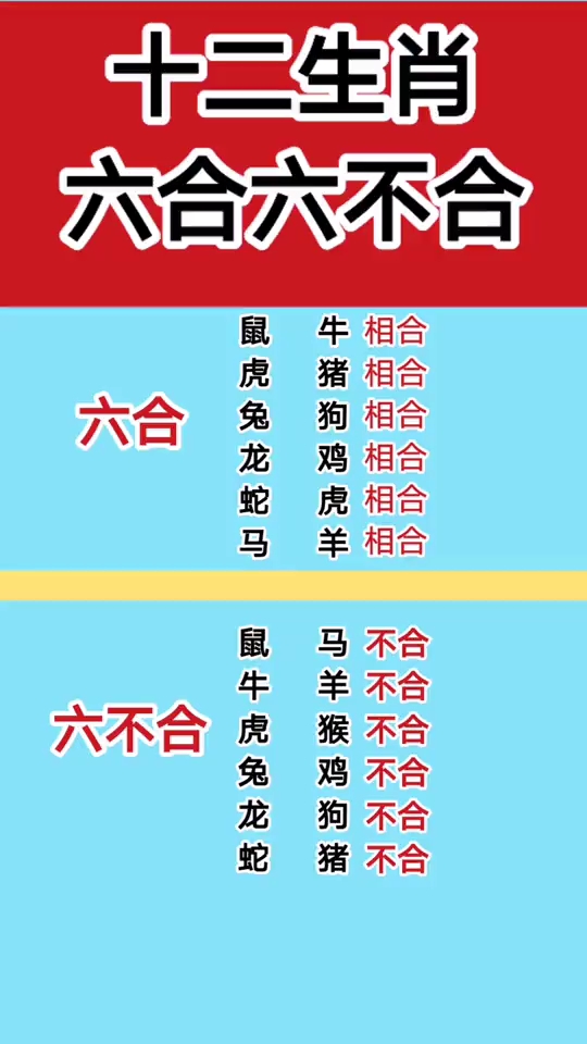 十二生肖六合六不合。六合牛猪狗鸡虎羊。合鼠虎兔龙蛇马鼠牛虎兔龙蛇马羊猴鸡狗猪