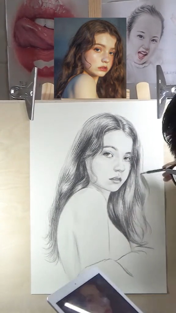 手绘简约风格素描漂亮的欧美小姐姐