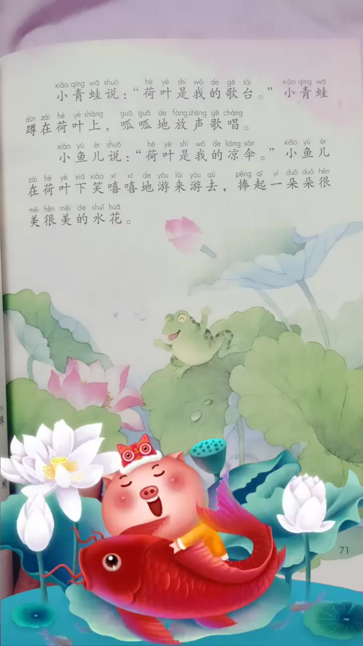 蹲在荷叶上,呱呱地放声歌唱。在荷叶下笑嘻嘻地游来游去,捧起一朵朵很
