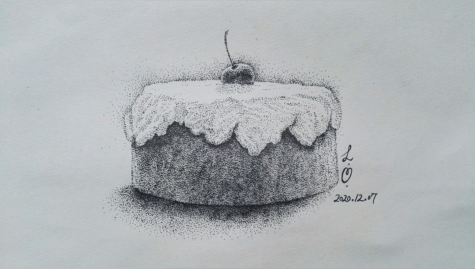 #生日蛋糕#水笔画素描点绘《蛋糕胚子上的奶油和樱桃》