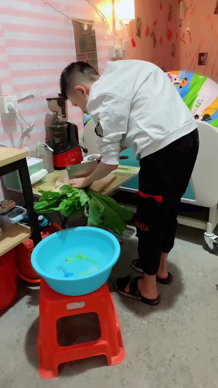 今晚熬春菜瘦肉粥给奶奶吃