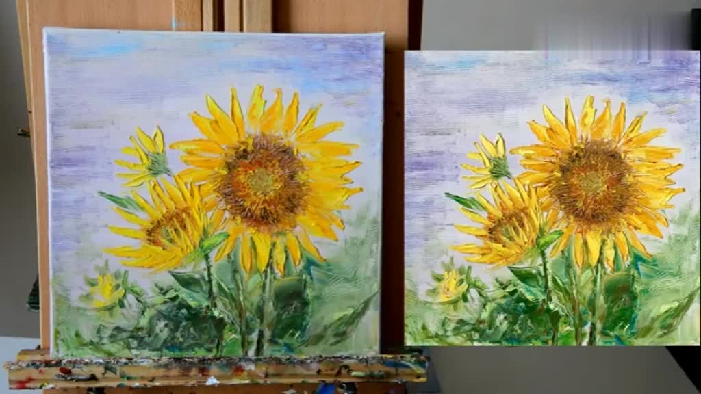 油画《向日葵》,初学油画的人都可以试试这个,简单易学色调单一
