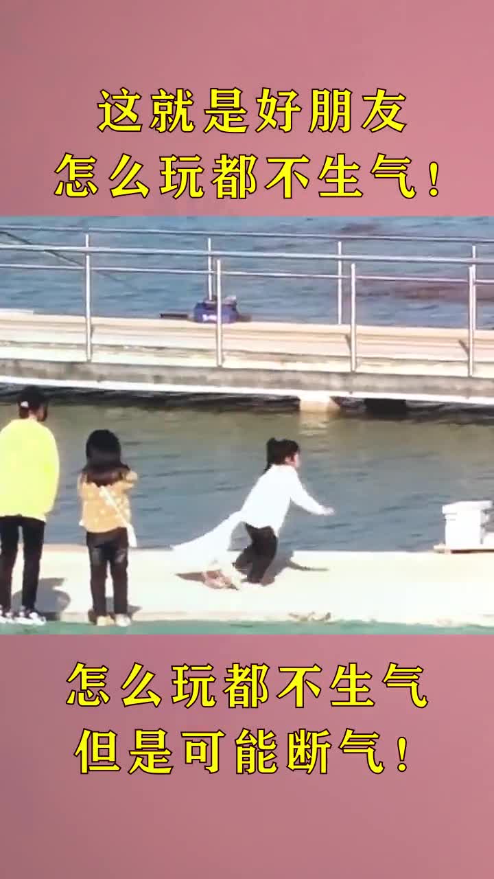 小女孩真生猛,一把抓住了大白鹅的脖子,走出自信的步伐!