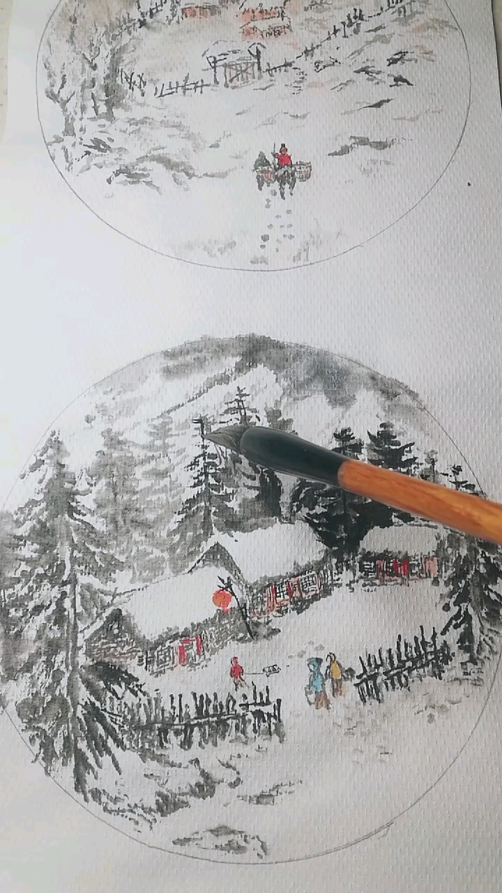 #高手在民间#水墨山水画《我的家乡下雪了》。