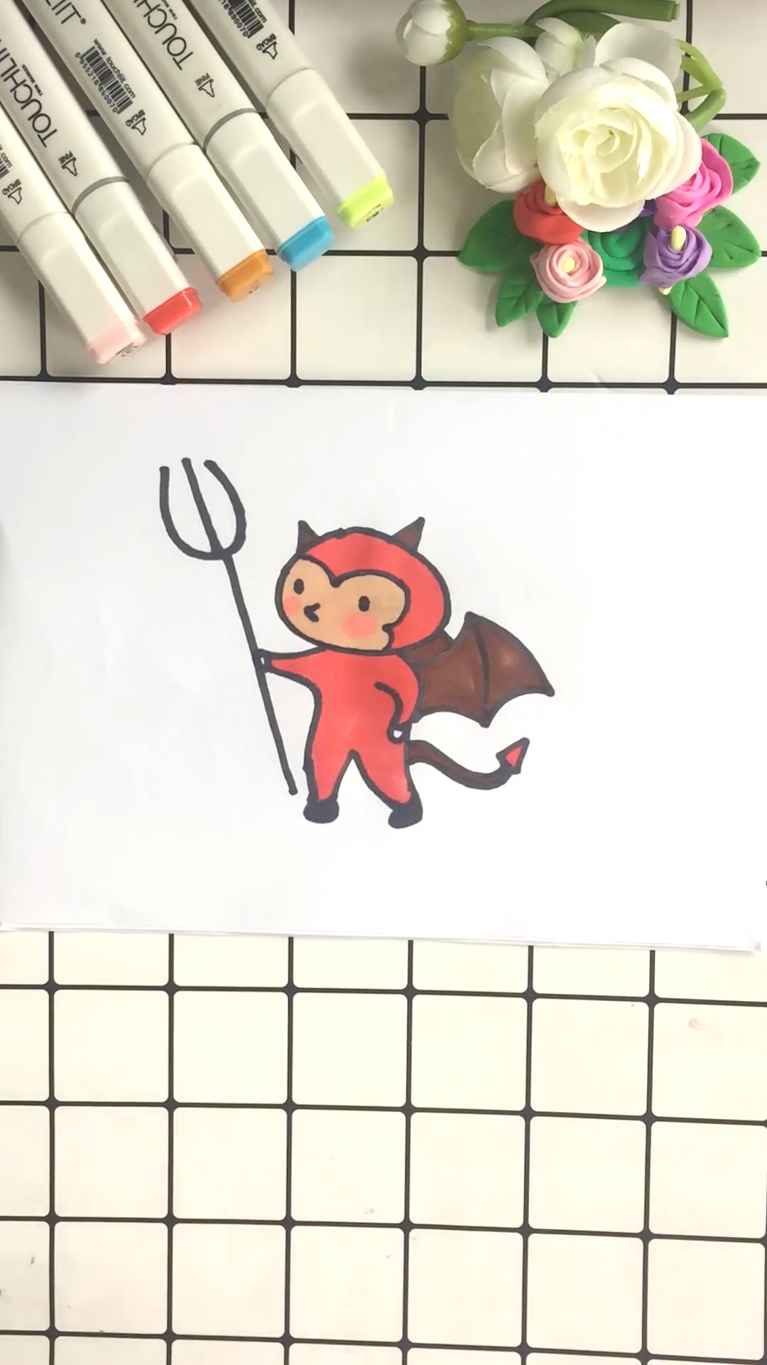 #也不是不困#红色小恶魔简笔画,小翅膀很抢眼哦～