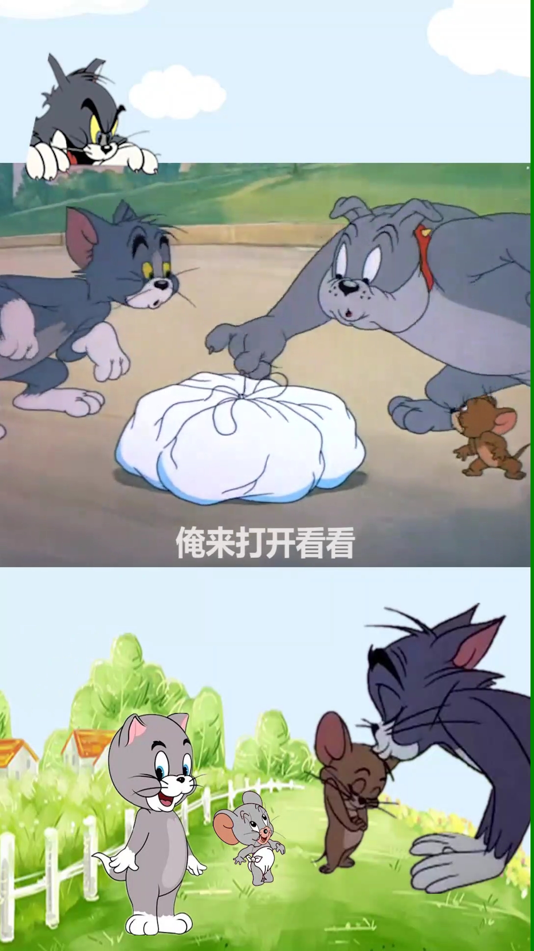 汤姆和杰瑞三兄弟过马路,捡到一块肉!