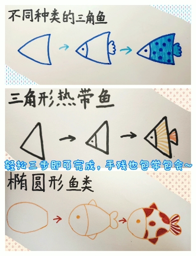 #画画原来如此简单#零基础超可爱简笔画教程——各种鱼!画鱼再也重复!