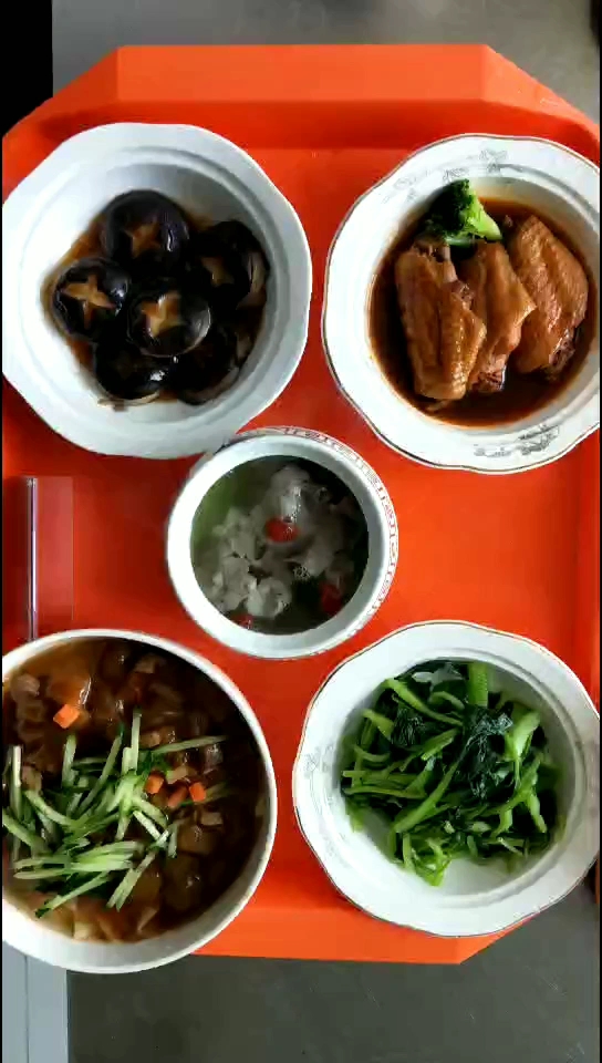 佳贝艾月子中心月子餐 红烧鸡中翅 酱汁烧香菇 清炒鸡毛菜 瘦肉茄丁面 青瓜牛肉汤