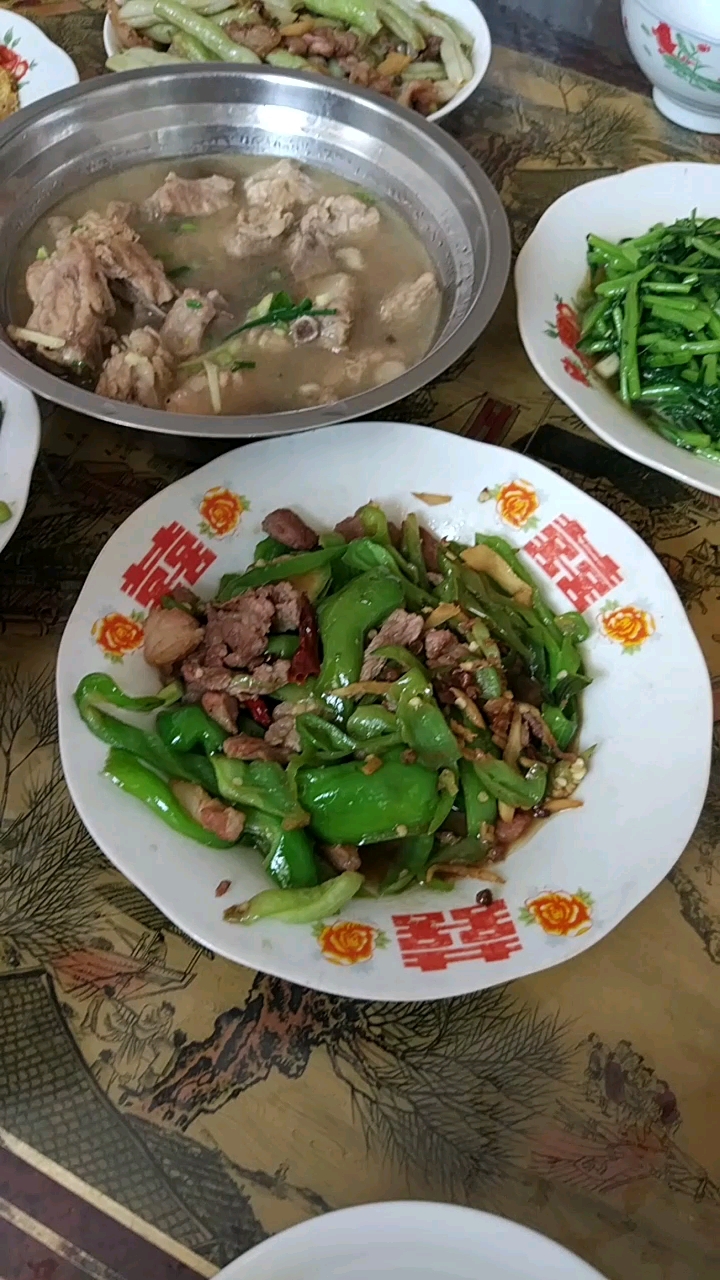 辣椒炒肉炖排骨黄鲫子鱼蒜薹炒肉,好丰盛啊