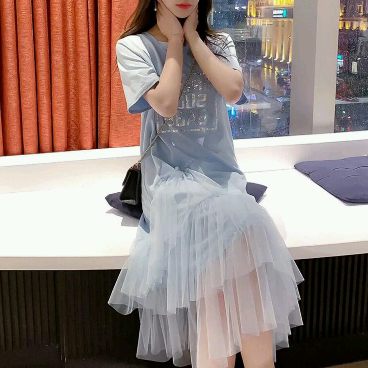 2020新款夏天裙子拼接网纱T恤连衣裙女中长款蓬蓬裙夏长裙跨境