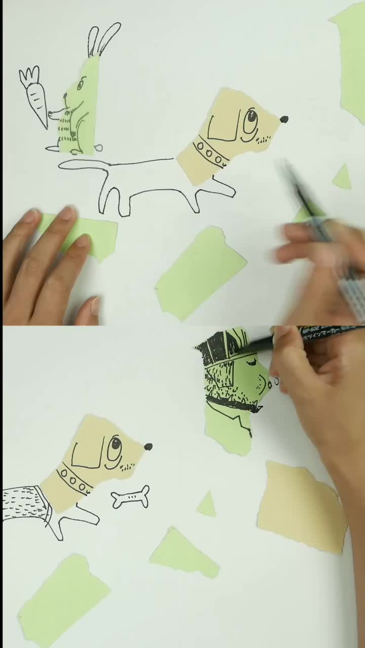 创意儿童撕纸线描画动物
