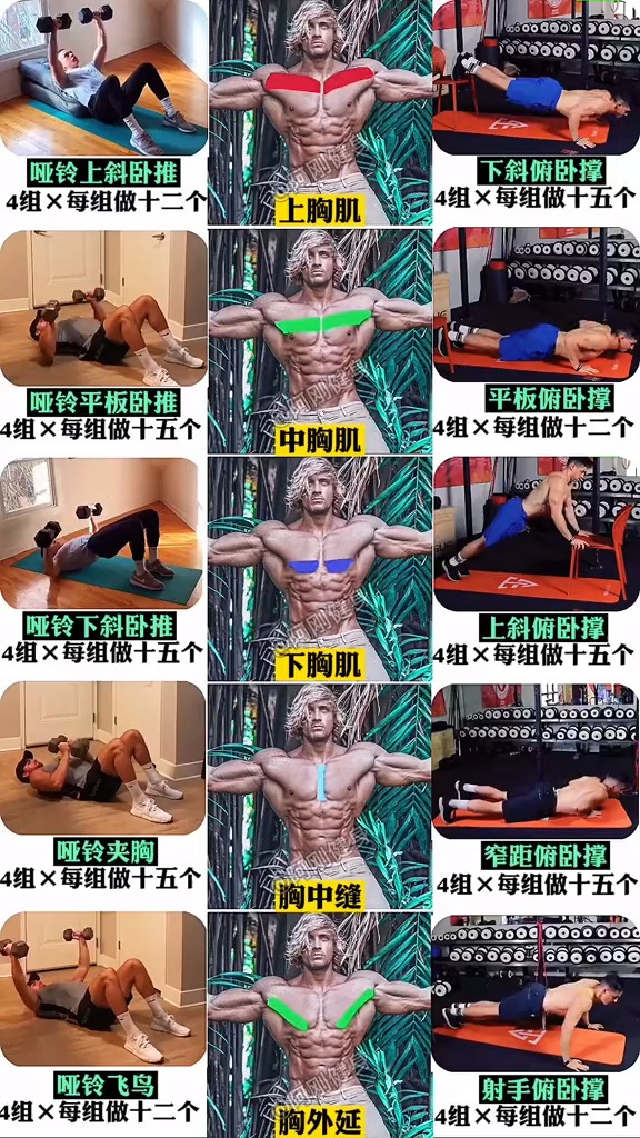 #在家健身打卡#居家哑铃和徒手胸肌训练动作,坚持训练,练出强壮胸部#胸肌#健身#