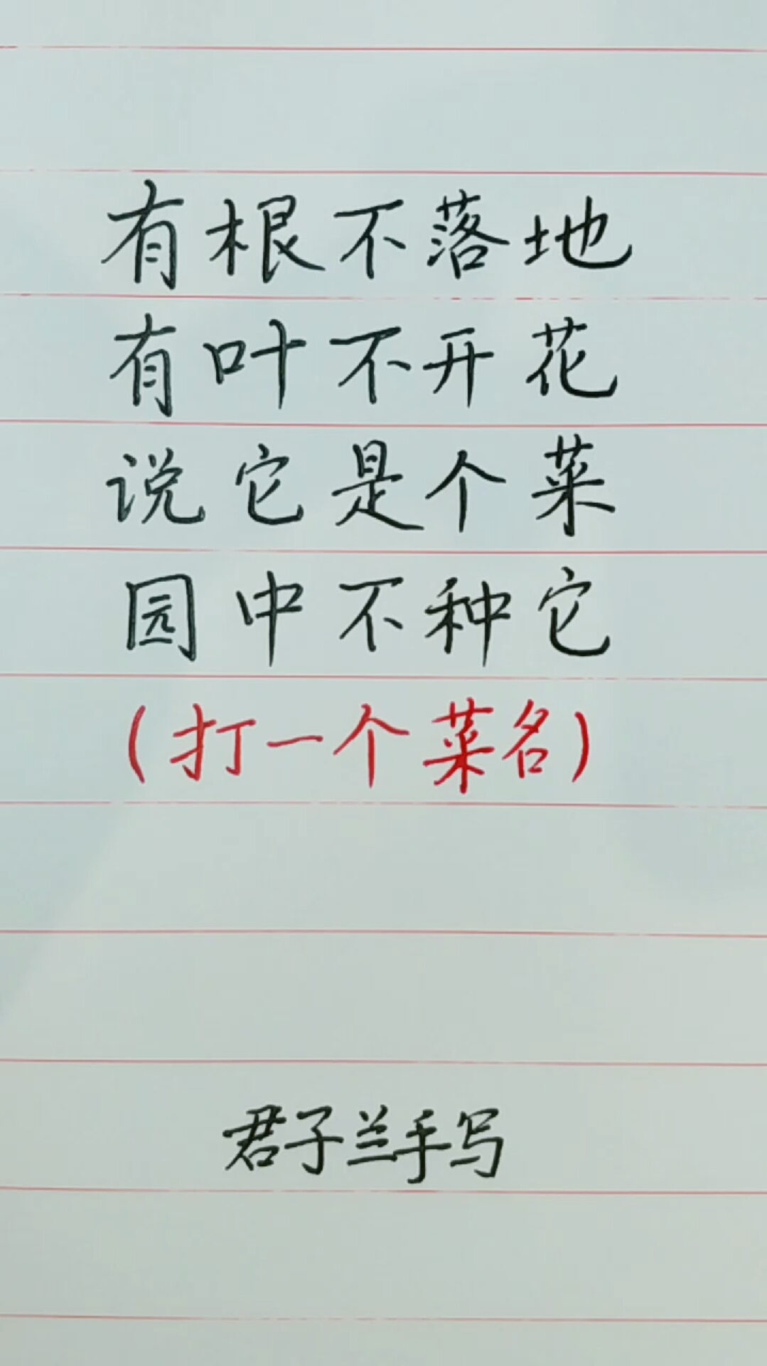 有根不落地。有叶不开花。说它是个菜。园中不种它。(打一个菜名)。君子兰写