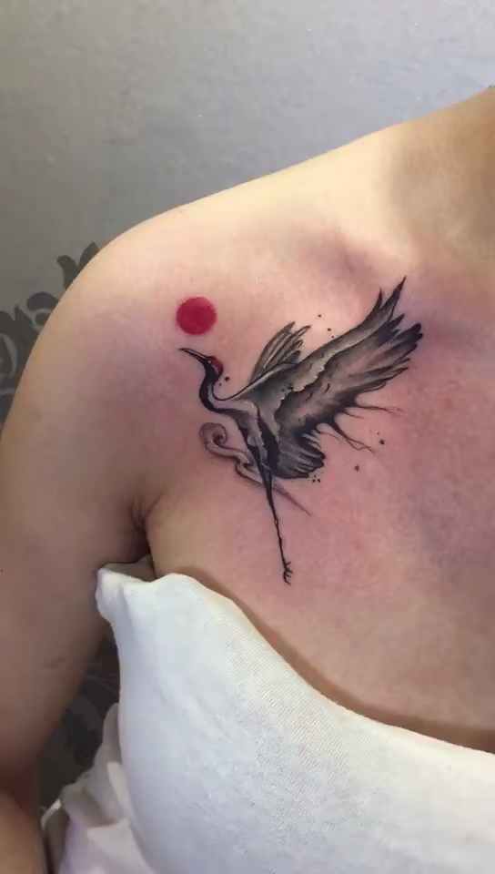 仙鹤纹身一枚,仙鹤是一鸟之下,万鸟之上的灵气之鸟,自带仙气,有高雅,长寿纯洁的美