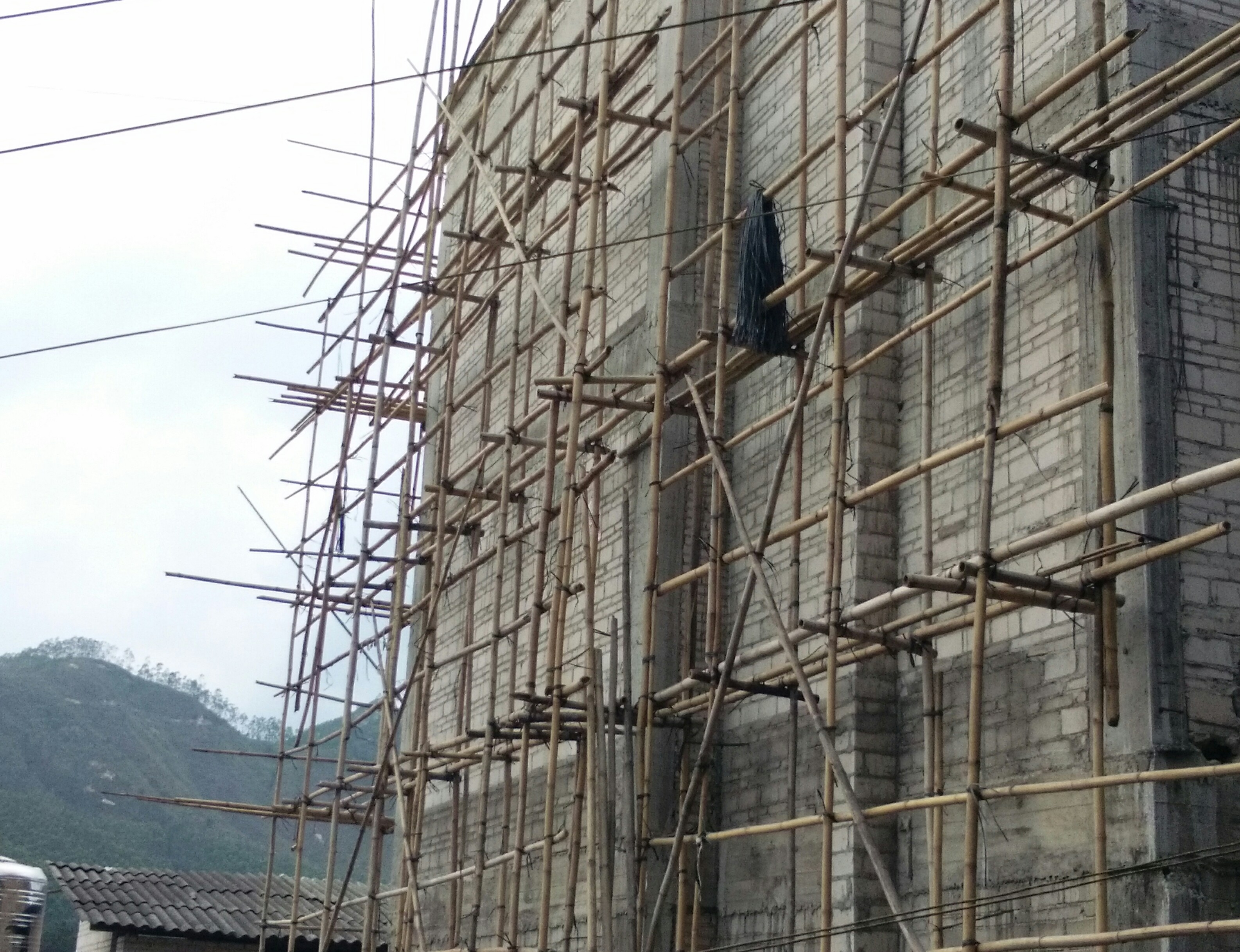 一批砍下来的竹子,在这栋楼房装修完工后,拆下来还可以提供另外一栋