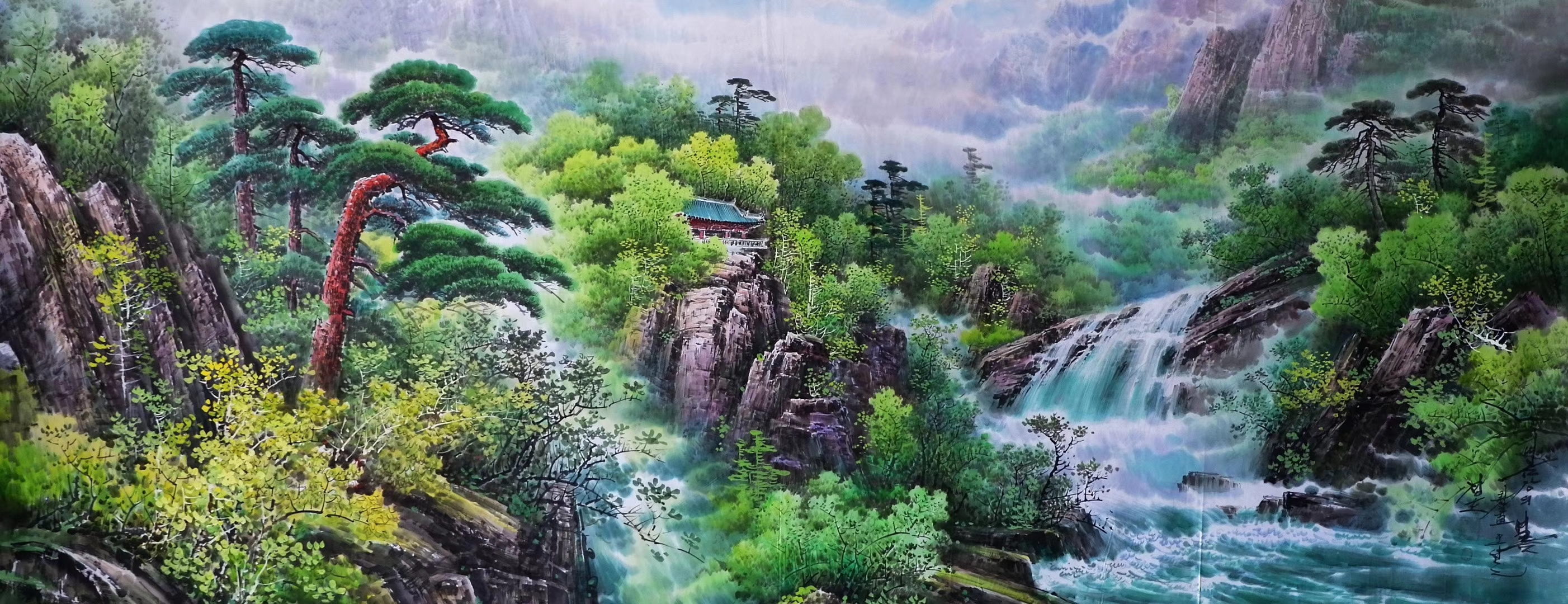 朝鲜清津国画,彩墨山水画,源头,240*90 转载自百家号作者:8彩虹画室