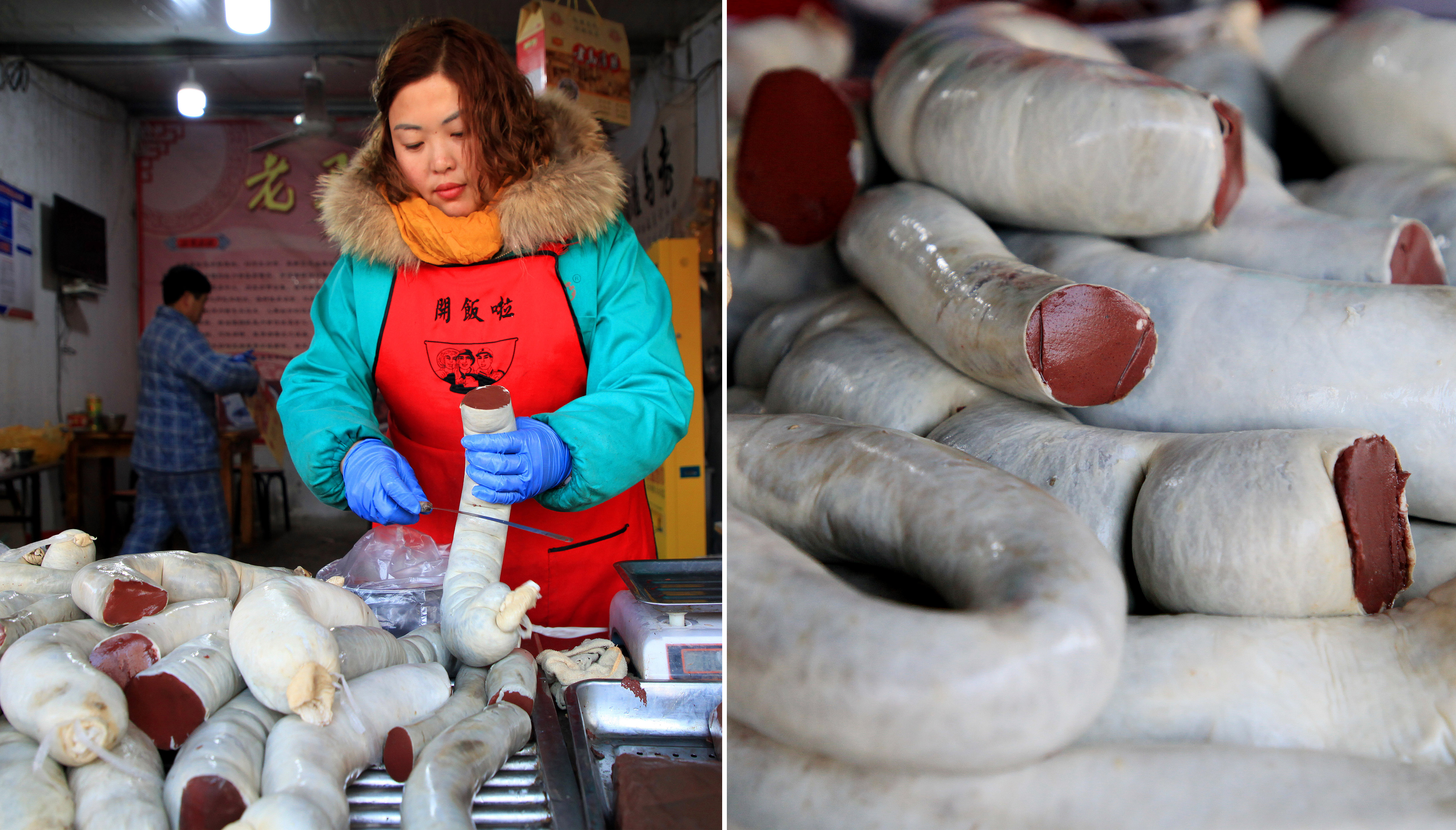 在河南濮阳的一个农贸市场上,大姐家的灌肠摊上,来买灌肠的人总是络绎