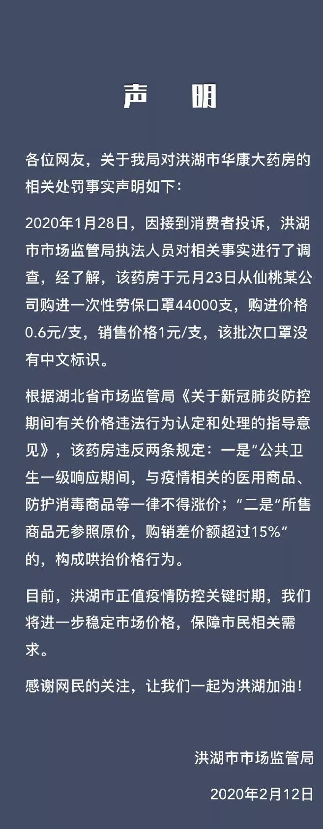 药店口罩进价0.6元,售价1元,被罚款4万!湖北洪湖:涉哄抬价格