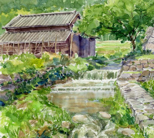 水彩插画:美如世外桃源的山涧小屋你喜欢吗?