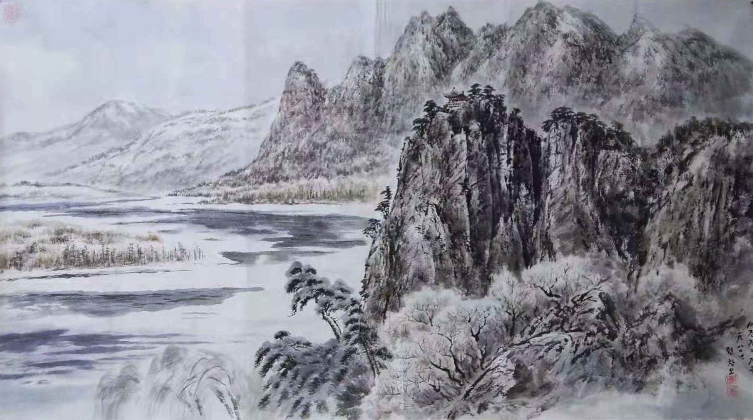 彩墨山水画《冬雪,郑昌模