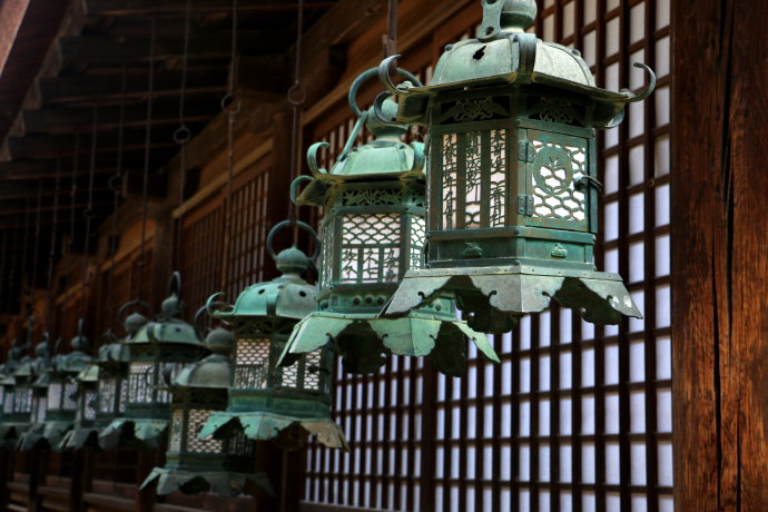 廊檐下悬挂着一溜儿铜绿色的铁制宫灯,镂刻着精美细致的小字,古色古香