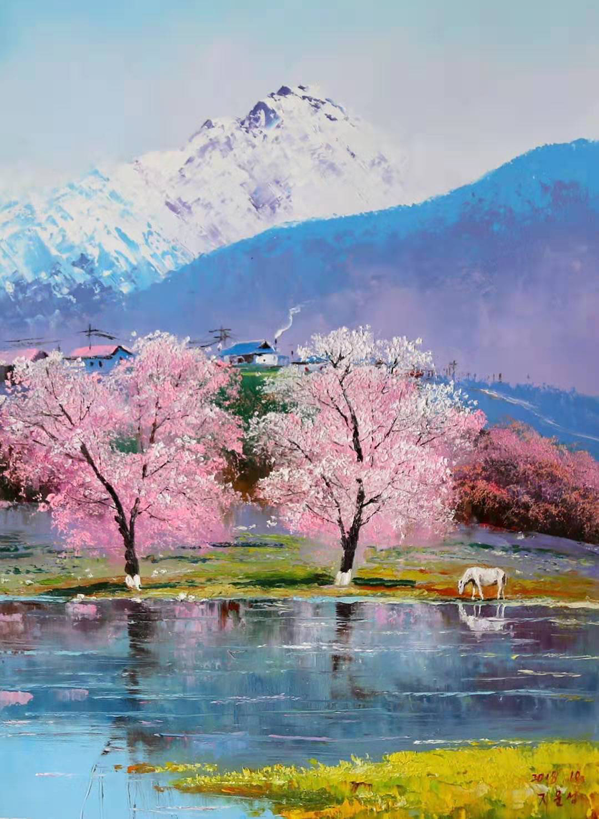 烟花三月,漫天花,油彩画花的风景