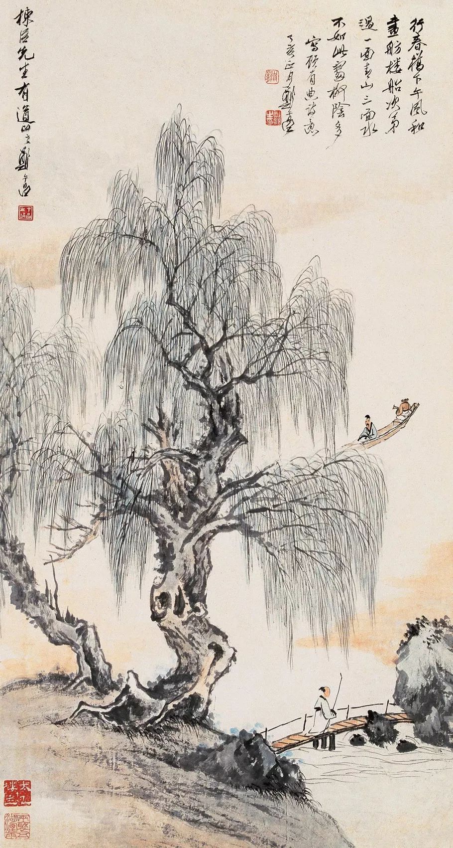 今日我们一起欣赏他那些含有柳树的山水画作,感