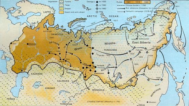 16至17世纪沙俄在北亚的详细扩张地图