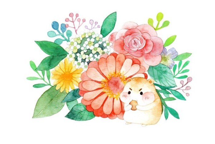 一组很有爱的小水彩画,可爱的小动物和鲜艳的花朵,春天的味道