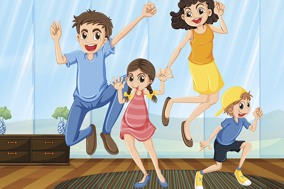 一家人欢呼雀跃儿童和家长玩游戏图片 卡通父家庭是孩子成长的港湾