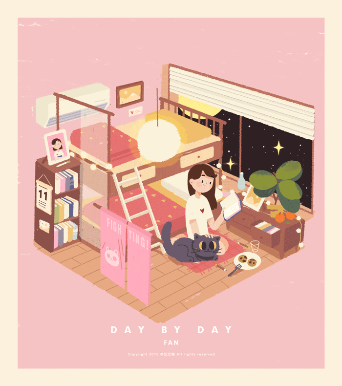 「一个人的生活」微动gif插画,坚强外表有个软萌内心,用画表达