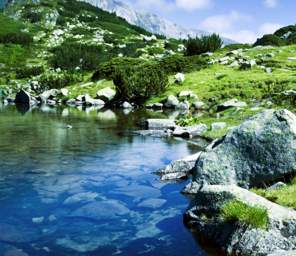 草坪上的岩石很大,河水看起来是很清澈,就算艺术家也自愧不如