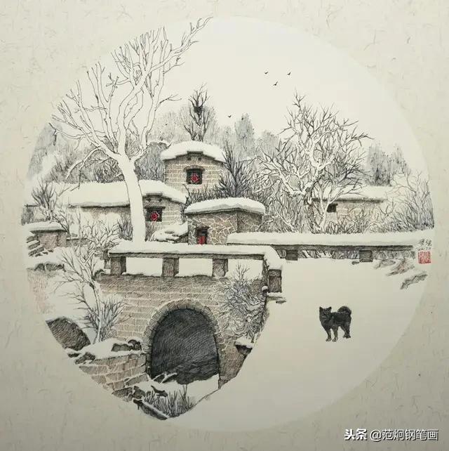雪景系列钢笔画,都是一个色调的村落