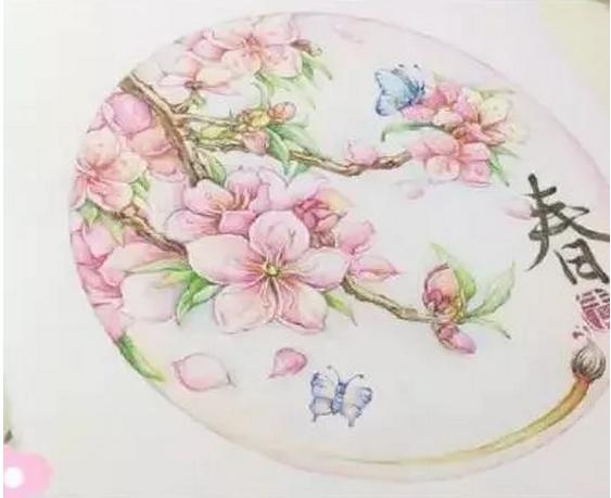 桃花彩铅画风景图片